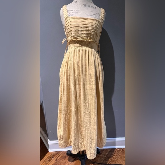 Vintage 90s Free People Yellow Ankle Thick Cotton Sun Dress With Lace Up Sides S - Picture 9 of 13